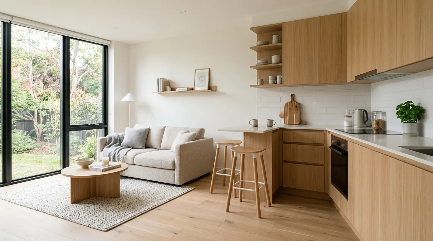 Low-clutter kitchen in small open-concept room. Cleaner compact kitchen helping the living space feel more open.