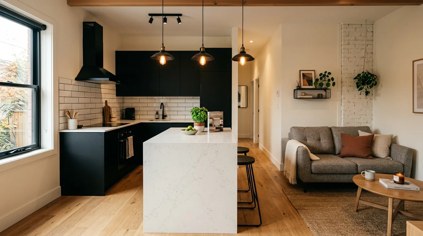 Floating seating in small open-concept layout. Better walkway planning in compact shared kitchen living space.