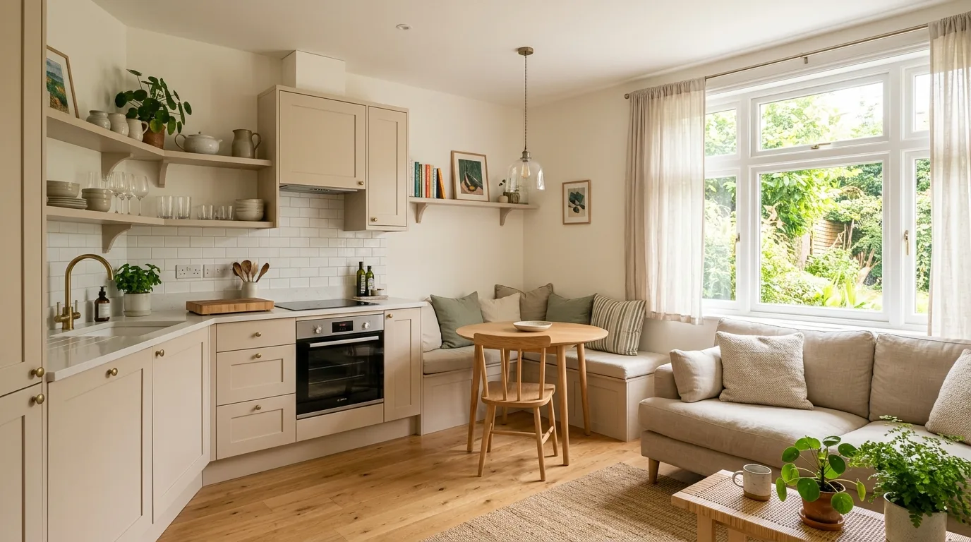 Light-colored small open-concept kitchen living room. Brighter palette helping a compact shared room feel more spacious.