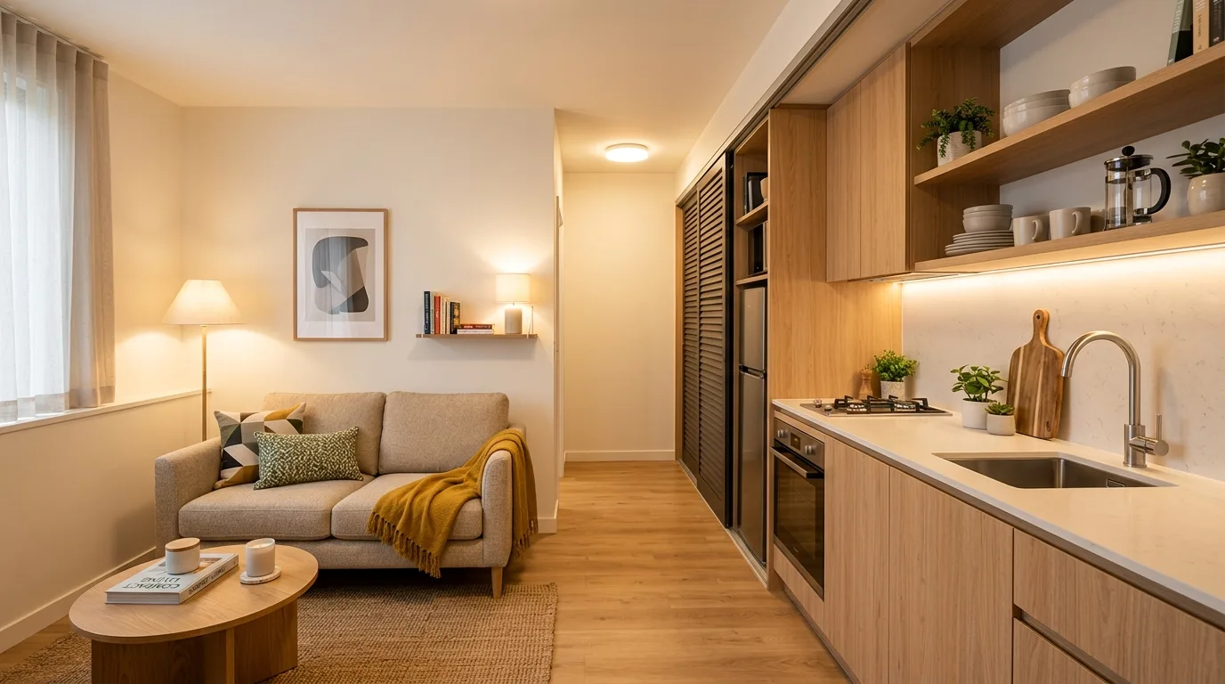 Multi-use furniture in small open kitchen living room. Compact shared-space layout with efficient flexible furnishings.