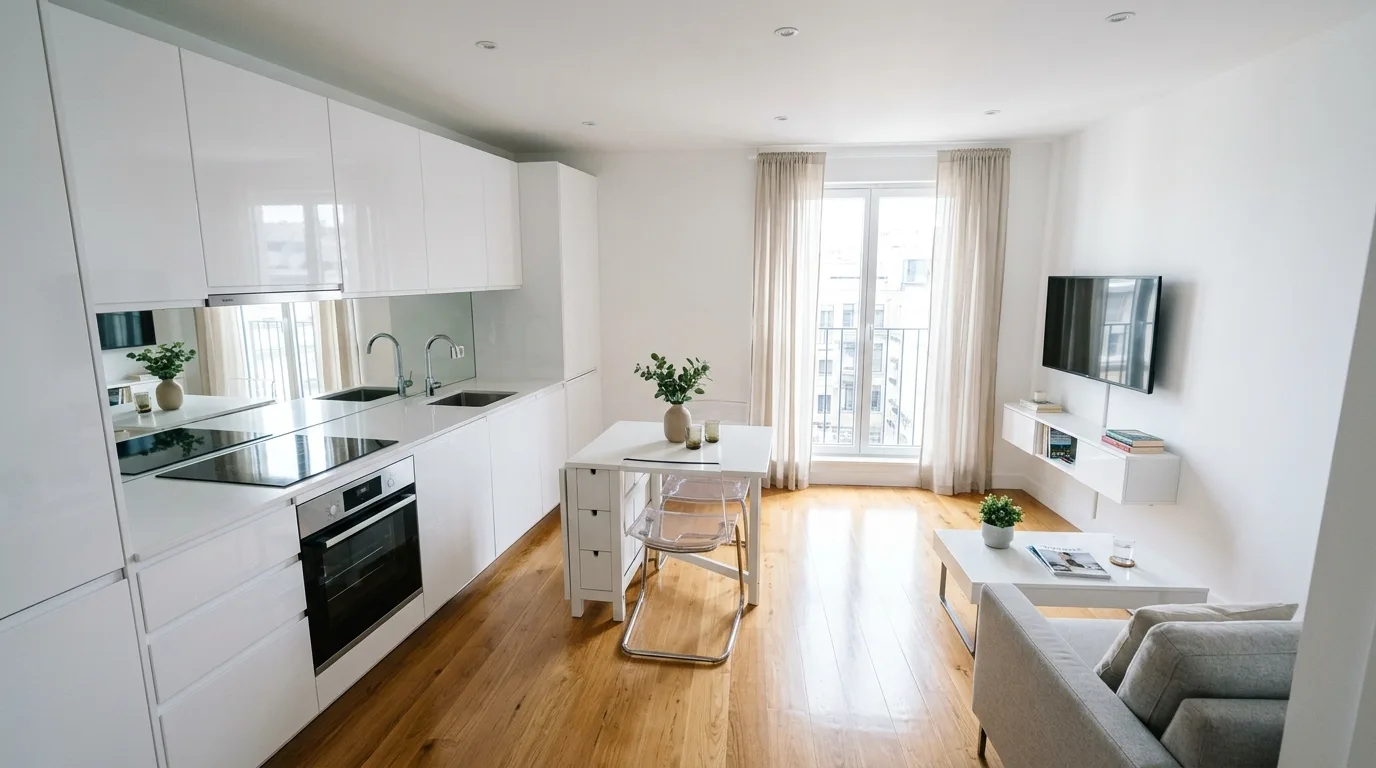 Clear sightlines in compact open-concept room. Better flow in small kitchen living room through visual openness.