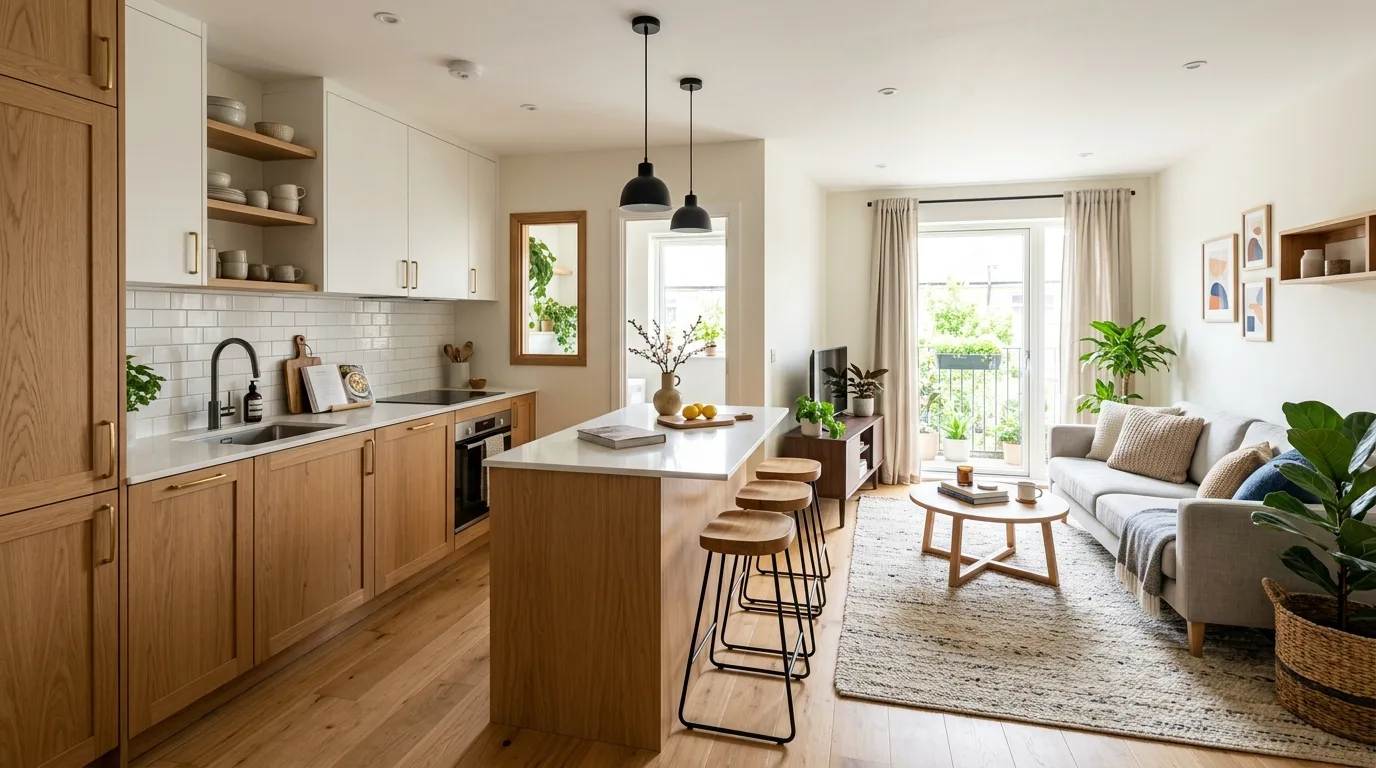 Lighting zoning in small open-concept room. Compact shared-space layout defined by layered illumination.