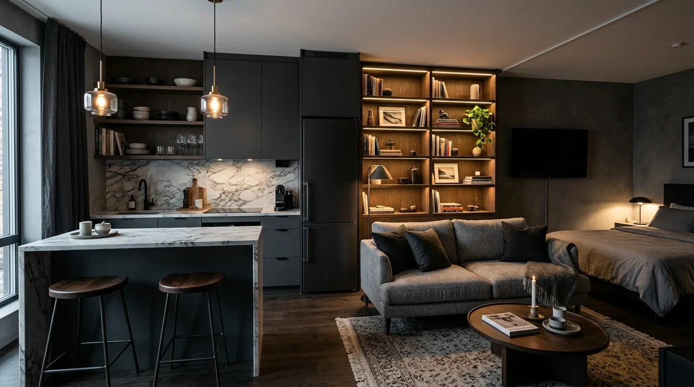 Kitchen backdrop supporting small living area. Open-concept room with calmer shared visual language.