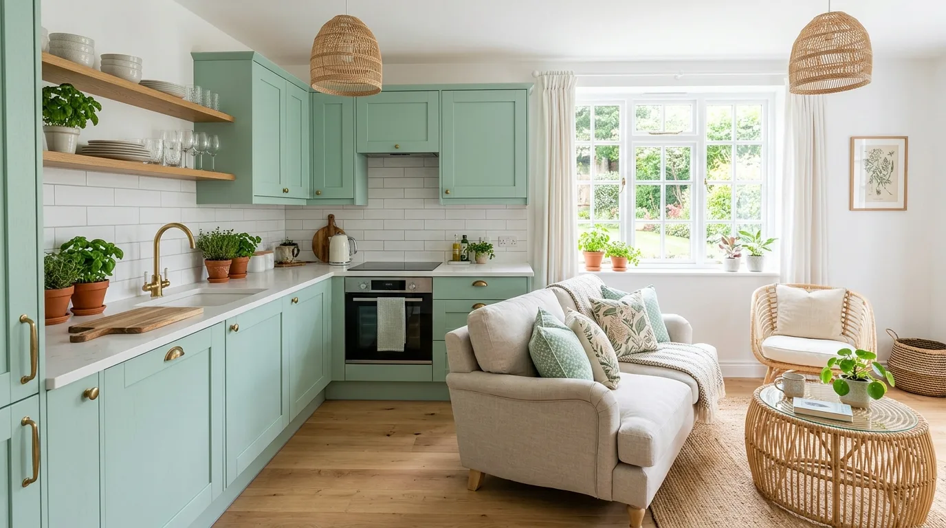 Vertical storage in small open kitchen living room. Compact shared-space solution preserving precious floor area.