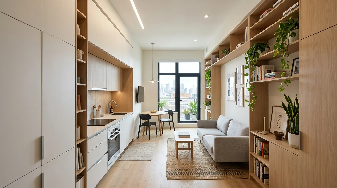 Clearly zoned small open-concept kitchen living room. Better compact-space flow through defined everyday functions.