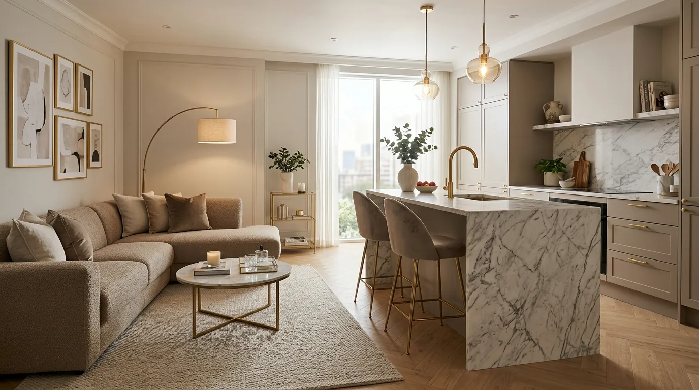 Small open-concept kitchen living room planned for flow. Compact shared room designed holistically for better movement and ease.