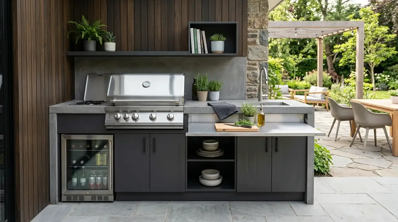 Straight run outdoor kitchen. Small outdoor kitchen using a simple straight layout for efficiency.