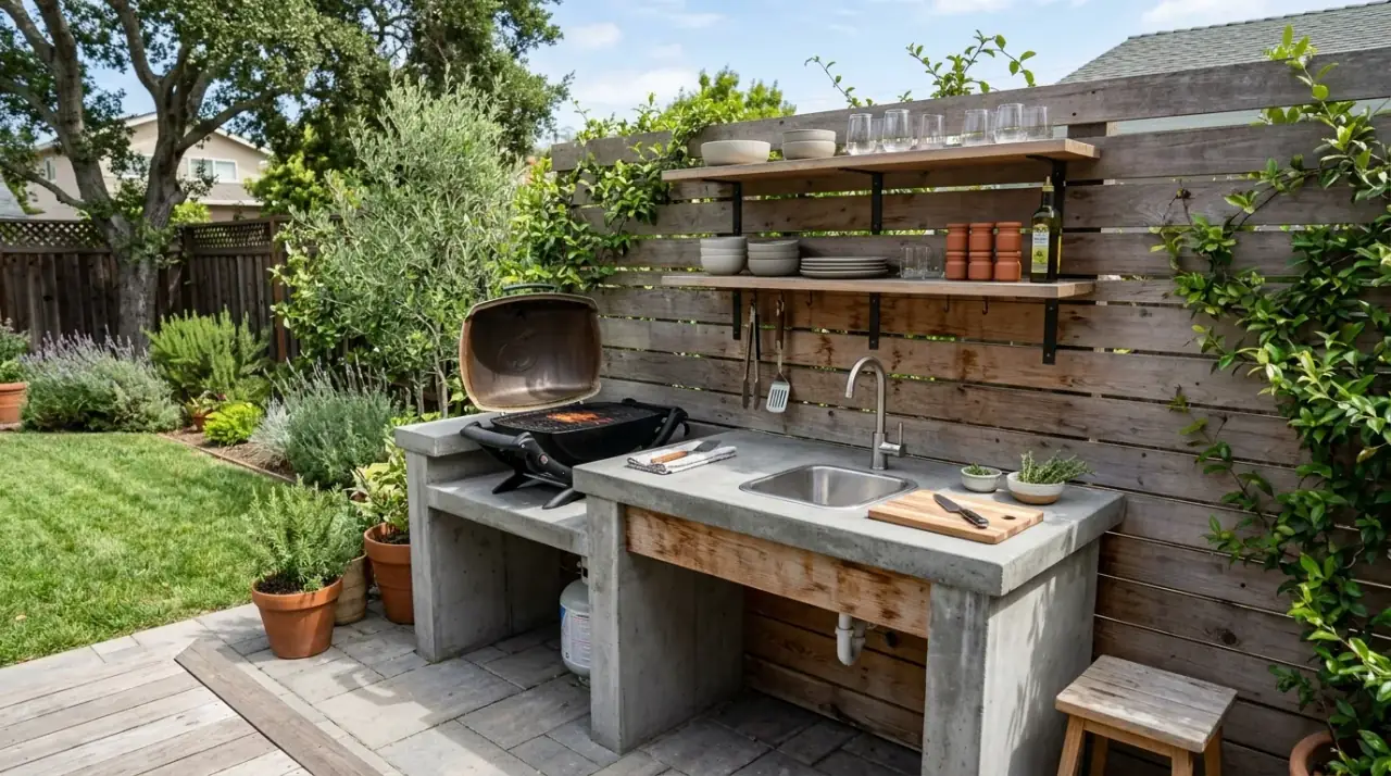 Bar seating outdoor kitchen. Small outdoor kitchen with bar seating integrated into the layout.