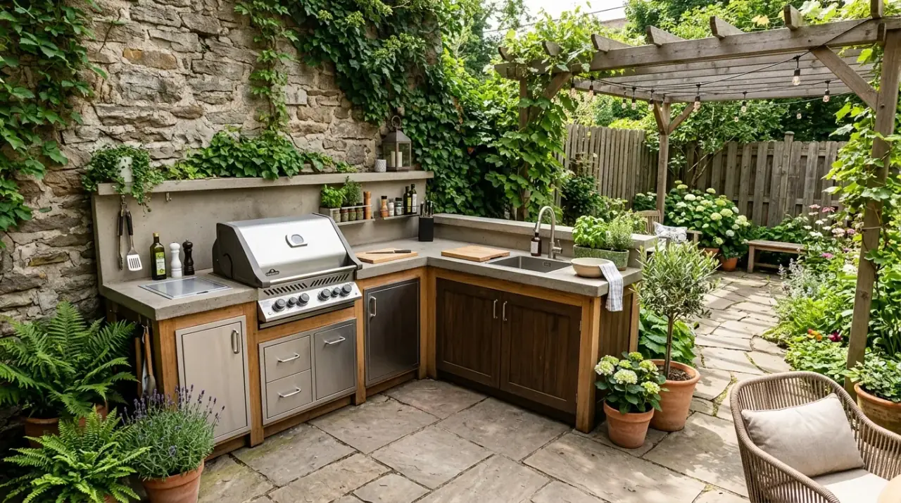 Outdoor kitchen materials. Compact backyard cookspace finished with durable warm outdoor materials.