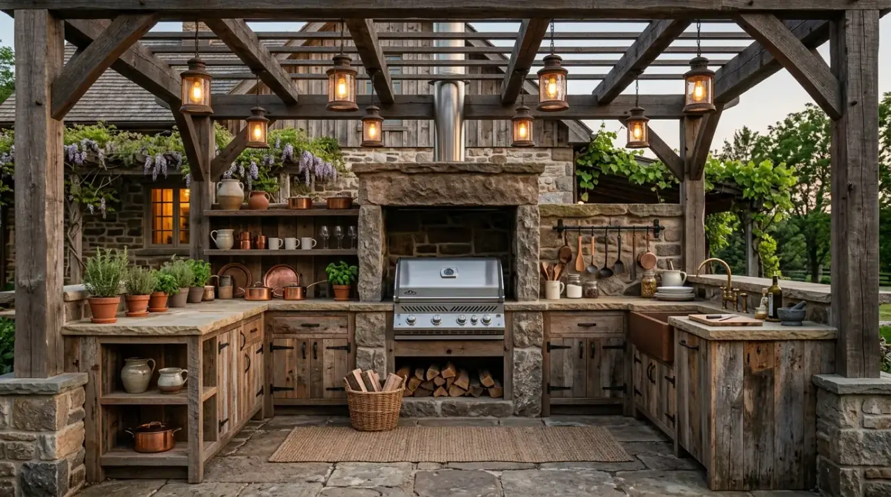 Rolling cart outdoor kitchen. Small outdoor kitchen supported by a flexible rolling prep cart.