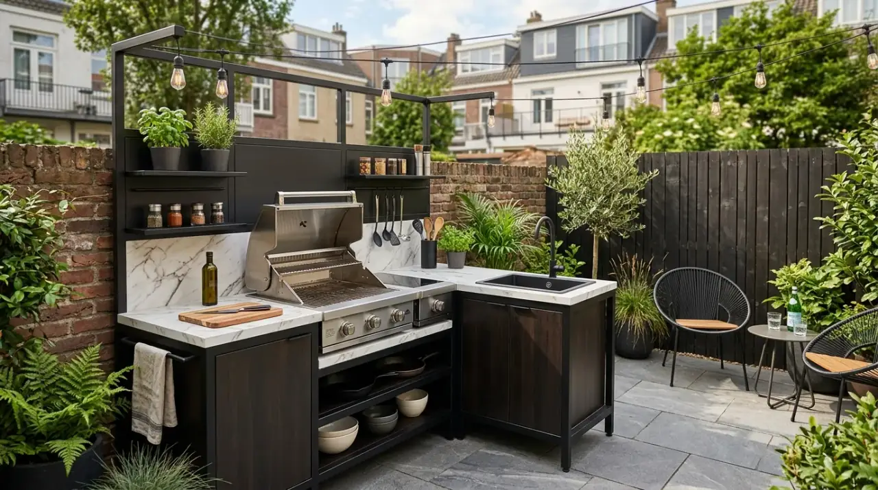 Outdoor kitchen along fence. Compact backyard kitchen tucked neatly along a wall or fence.