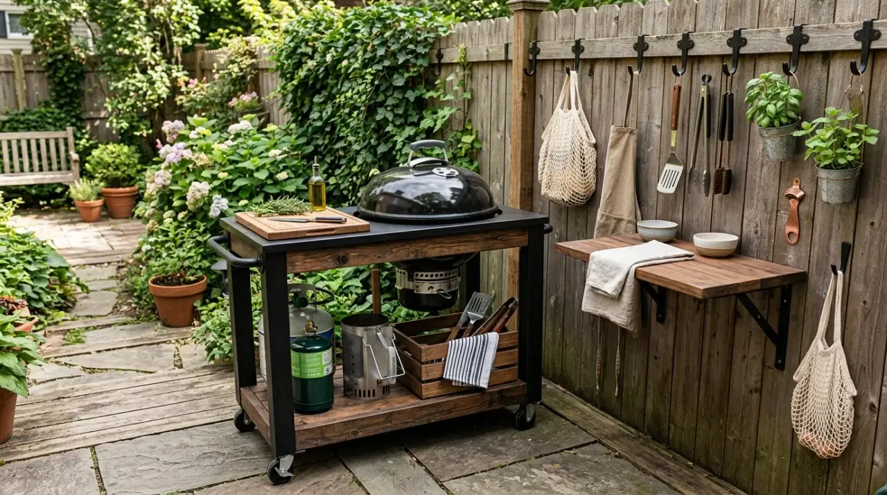 Outdoor kitchen open shelves. Compact outdoor kitchen with edited open shelving for useful tools.