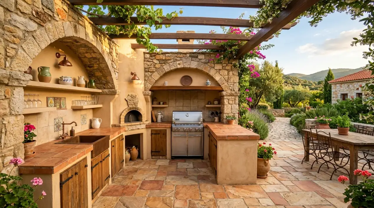 Outdoor kitchen lighting. Small backyard cookspace lit for evening use and ambiance.