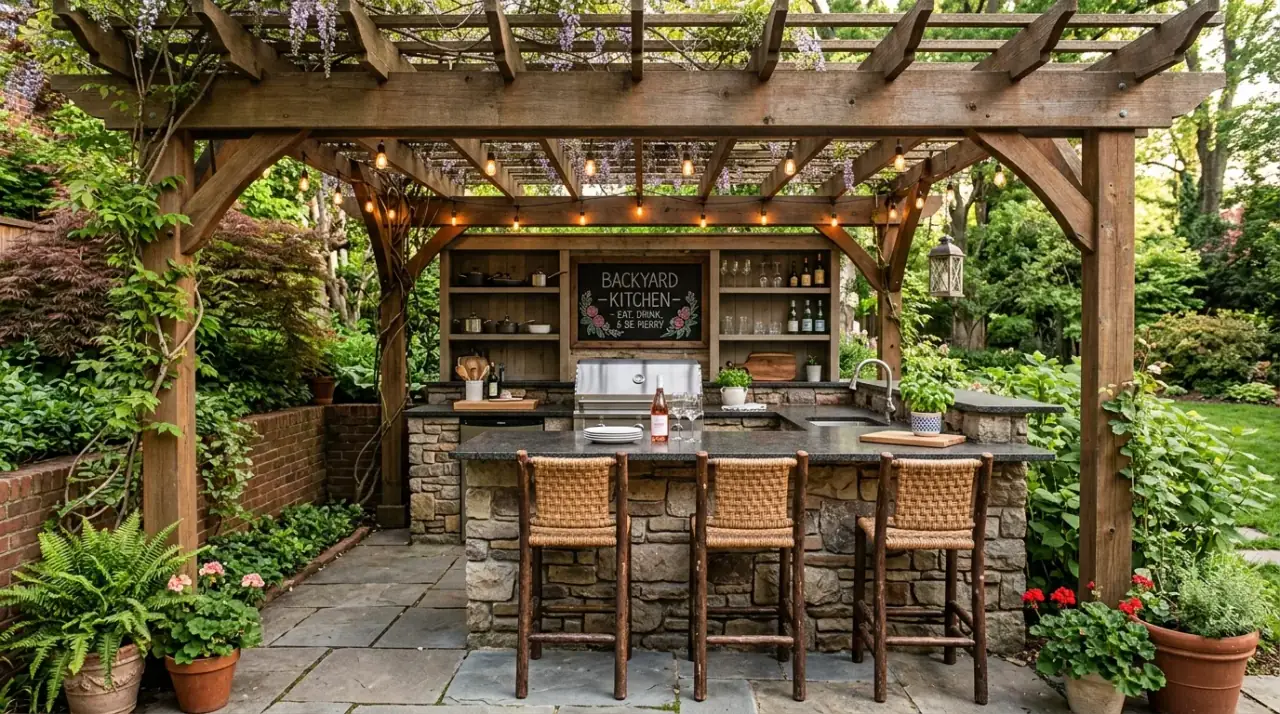 Signature finish outdoor kitchen. Compact backyard kitchen defined by one strong material or finish.