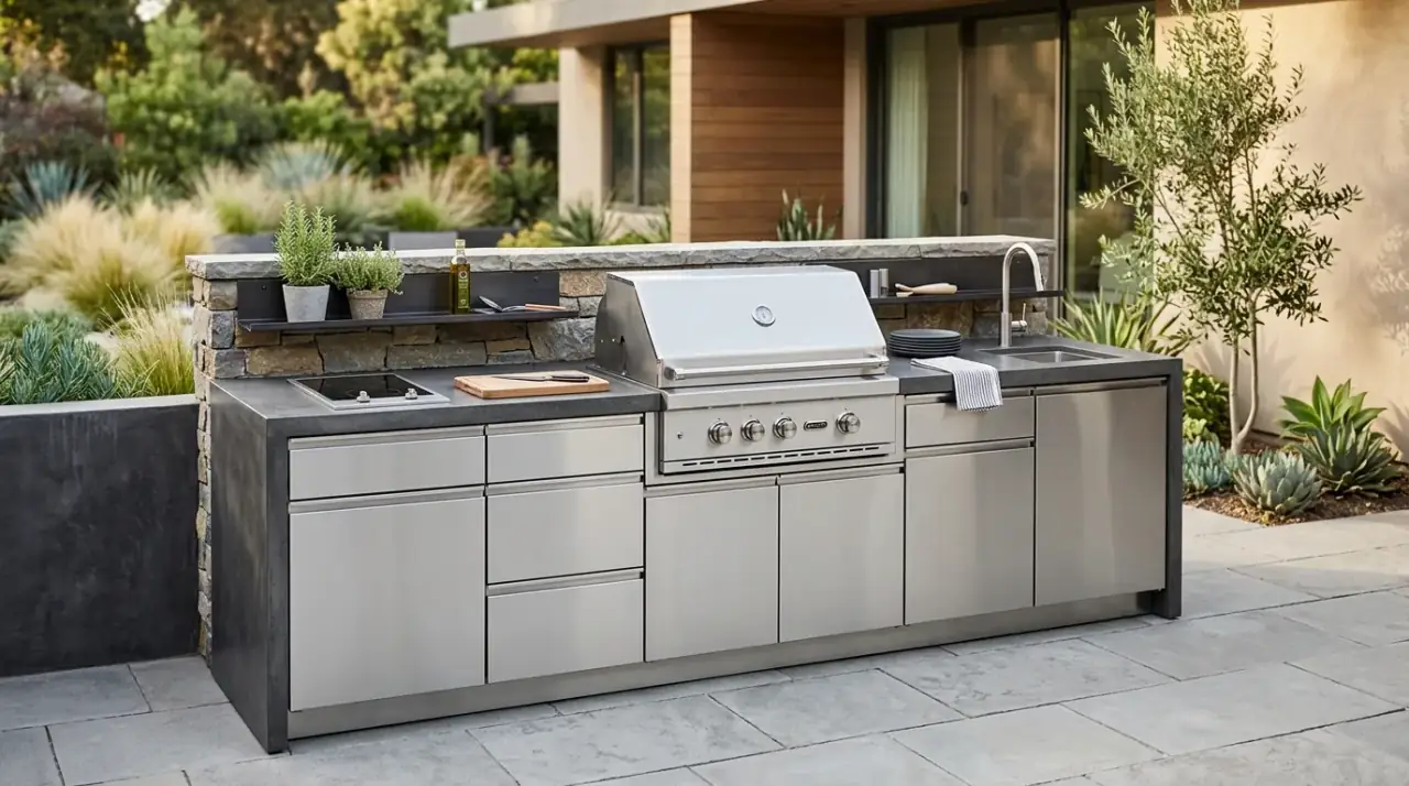 Outdoor kitchen nearby seating. Small outdoor kitchen paired with close casual dining space.