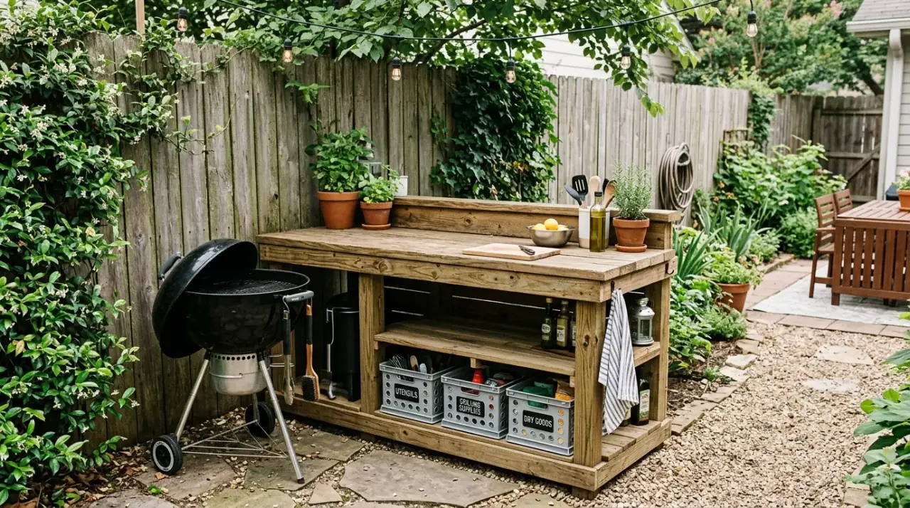 Plants around outdoor kitchen. Compact backyard cookspace softened by surrounding greenery and herbs.
