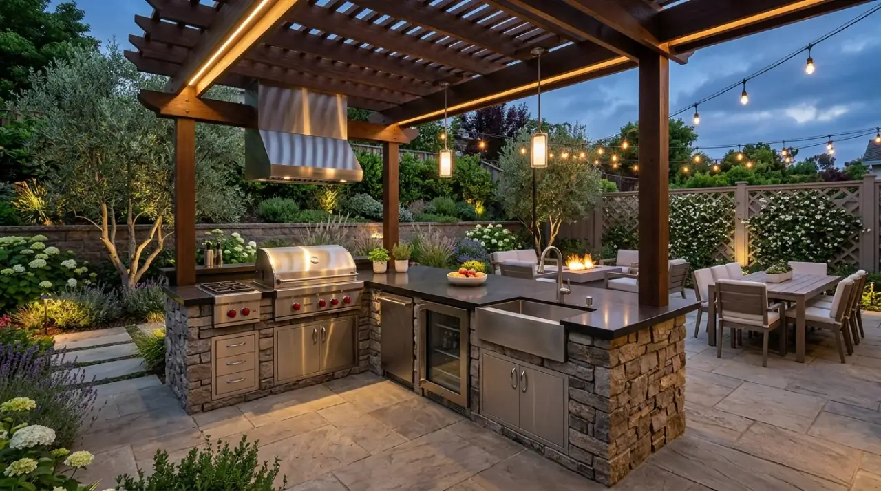Compact outdoor kitchen appliances. Small outdoor kitchen using appliances scaled to fit the backyard space.
