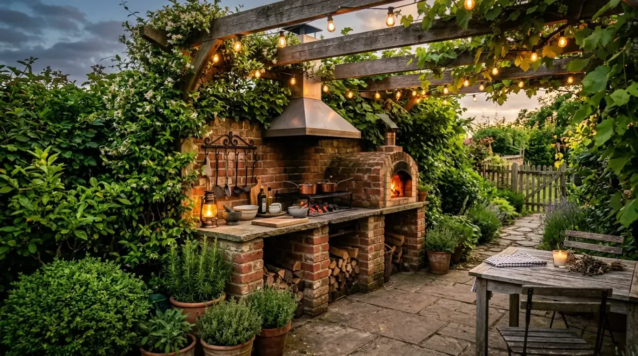 Outdoor kitchen overview. Clever small outdoor kitchen maximizing a compact backyard cookspace.
