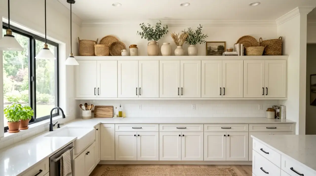Space above kitchen cabinets decorated with texture, scale, and a polished finished look.