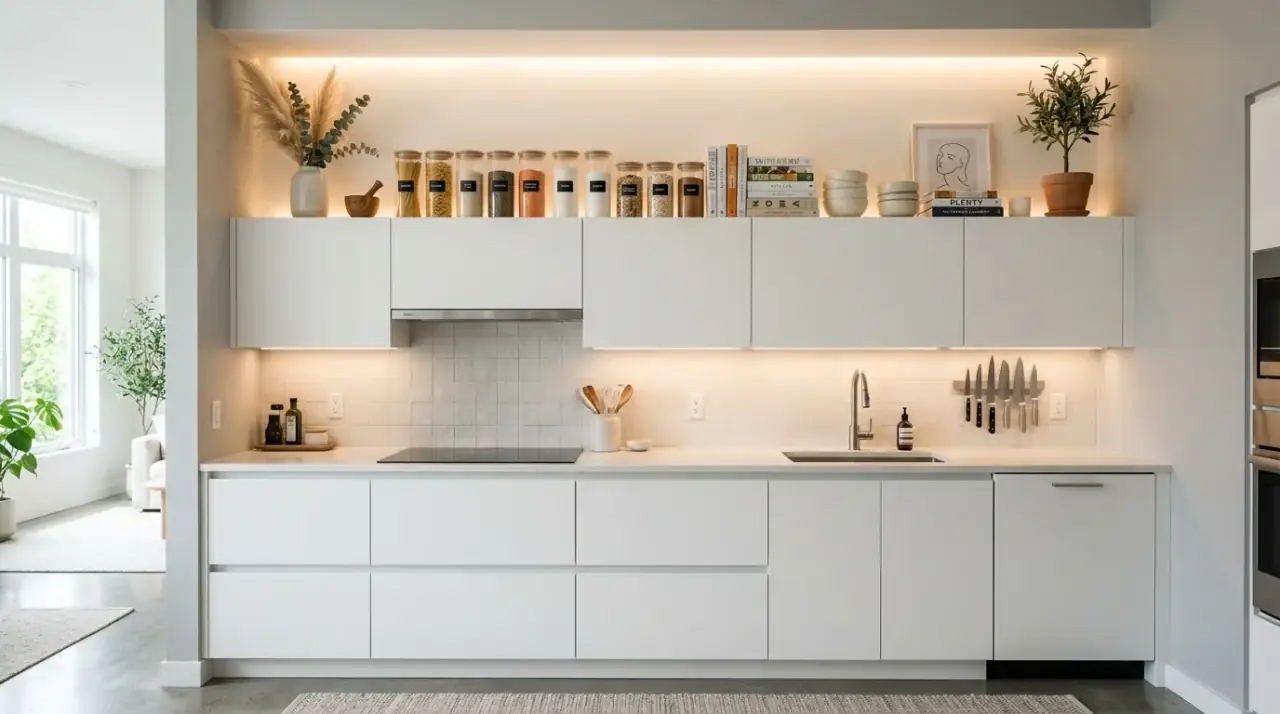 Boards above cabinets. Large trays and cutting boards adding scale above kitchen cabinetry.