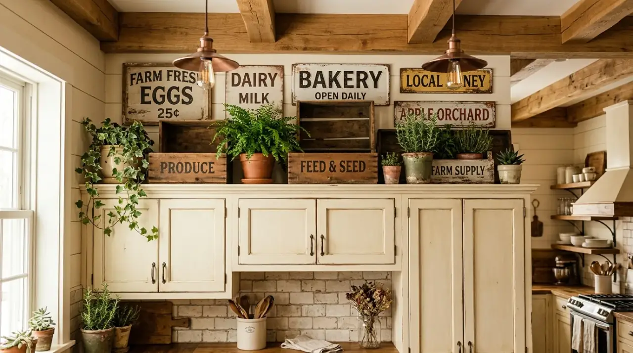 Plants above kitchen cabinets. Trailing greenery softening the line above upper kitchen cabinets.