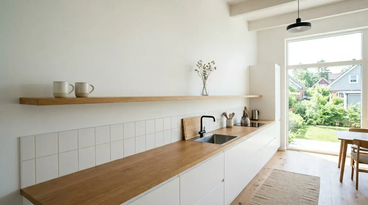 Pottery above cabinets. Collected ceramic pieces styling the space above kitchen cabinets.