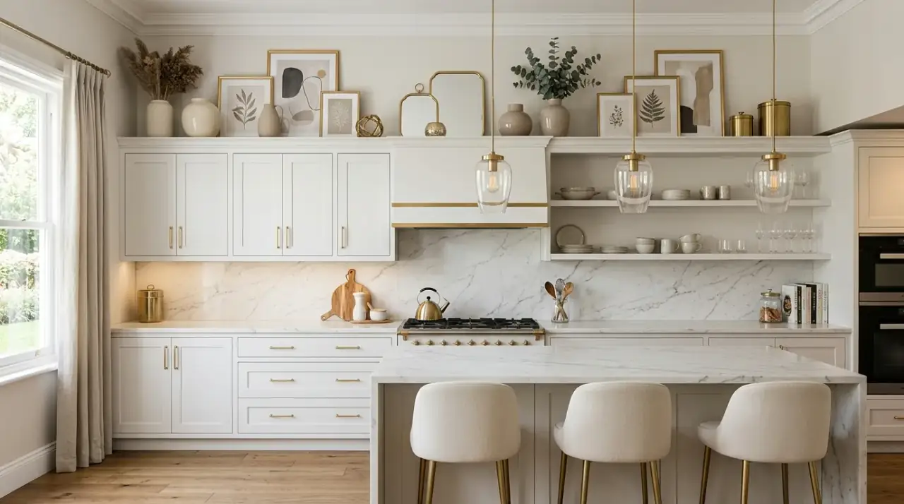 Boxes above cabinets. Matching storage pieces bringing order to the space above cabinets.