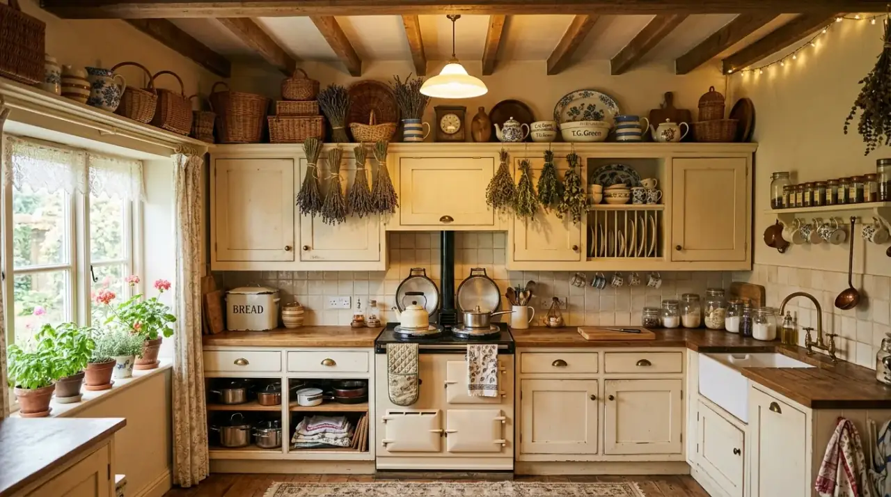 Vintage decor above cabinets. Old kitchen objects adding character above upper cabinetry.