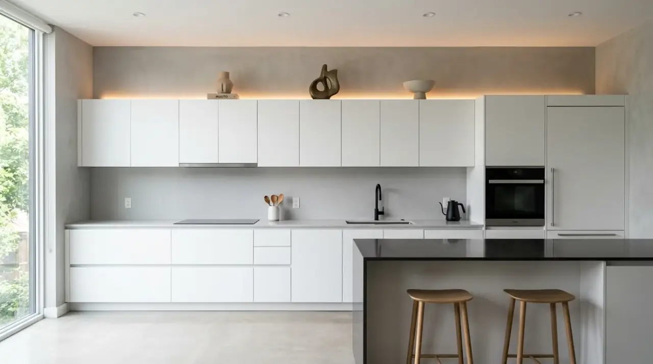 Art above kitchen cabinets. Large artwork helping finish the space above upper cabinets.