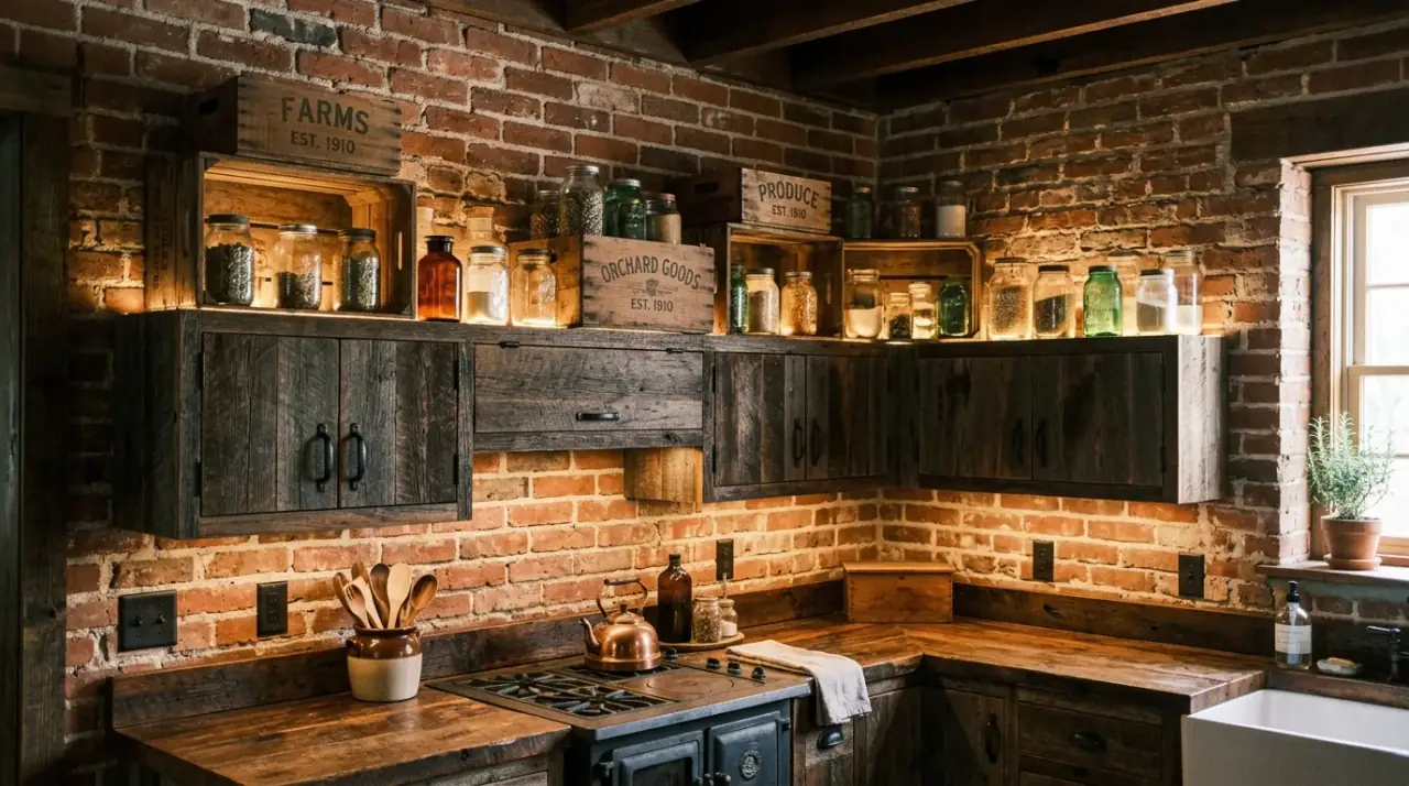 Coordinated decor above cabinets. Upper-cabinet styling that echoes the kitchen's main materials.