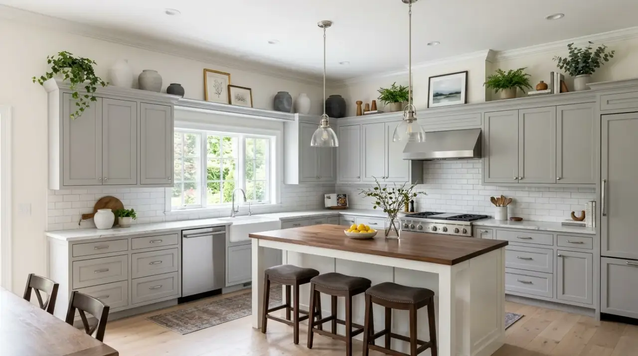 Seasonal decor above cabinets. Light seasonal accents keeping cabinet-top styling fresh and simple.