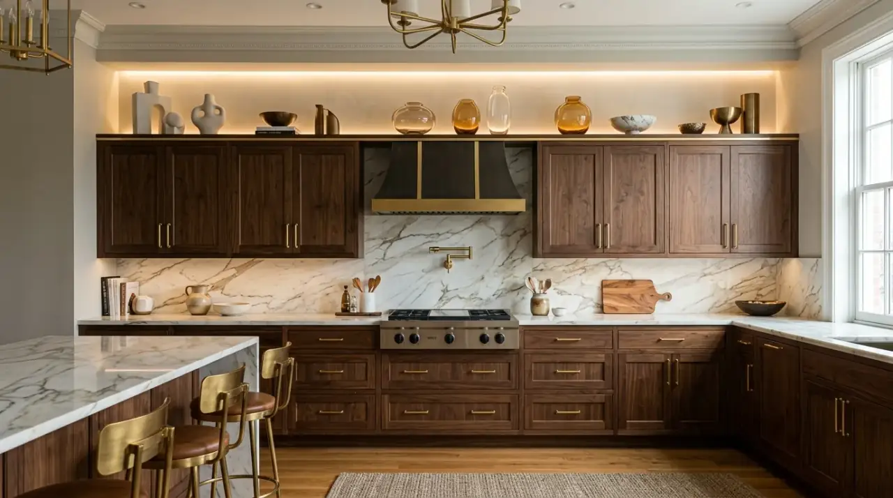 Repeated decor above cabinets. Consistent decorative forms bringing order above kitchen cabinetry.