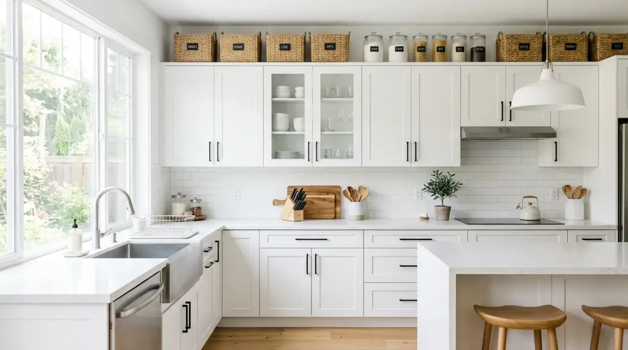 Minimal decor above cabinets. Edited cabinet-top styling using spacing for a cleaner finished look.