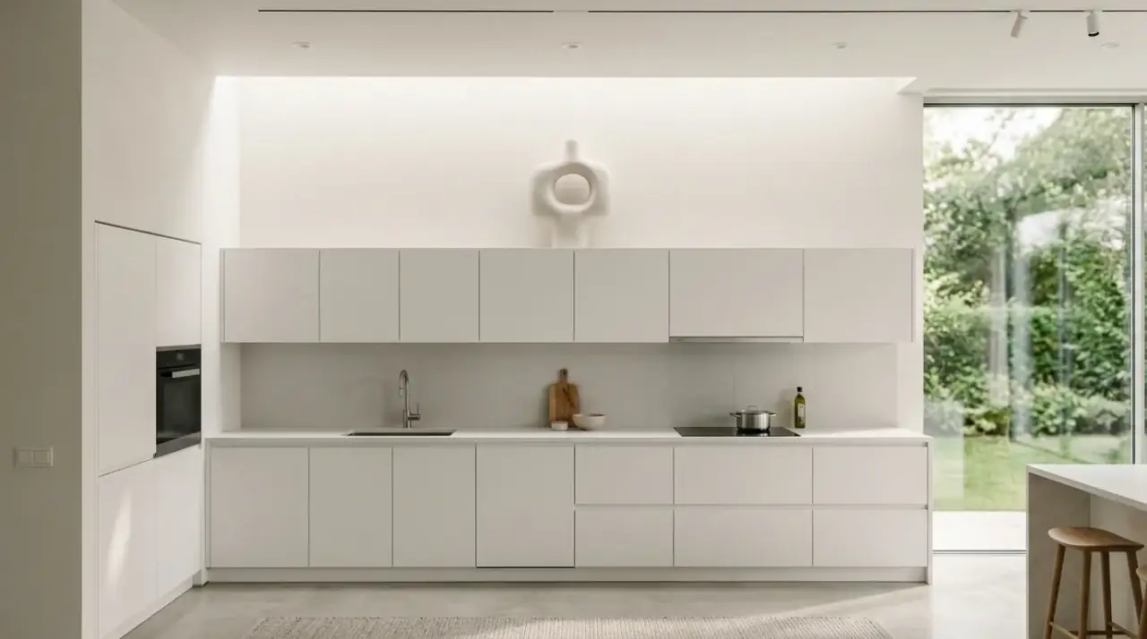 Undecorated cabinet tops. Clean kitchen line showing when upper-cabinet decor is unnecessary.