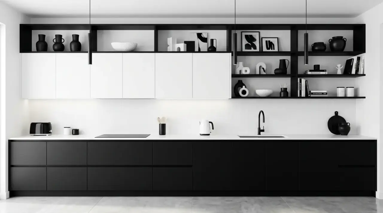 Above-cabinet decor overview. Finished cabinet-top styling balancing scale, texture, and restraint.