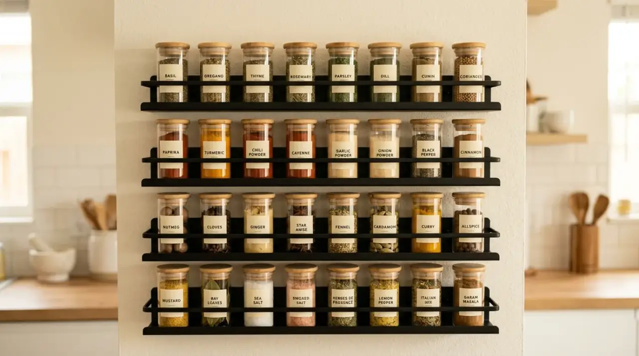 Clever spice rack organization giving easy access to seasonings in a tidy kitchen.