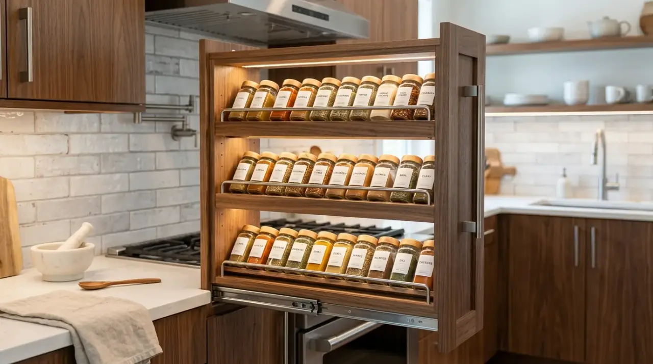 Spice rack near stove. Clever spice organization with seasonings stored near the cooking zone.