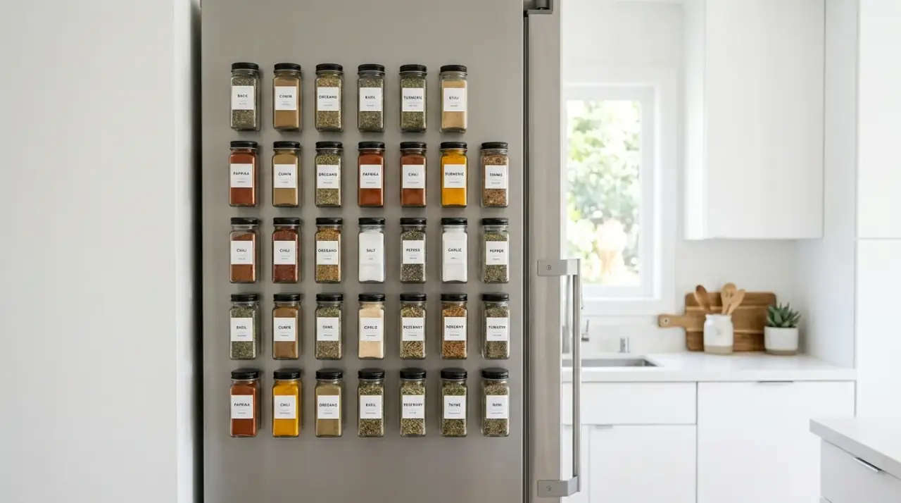 Matching spice jars. Easy access spice rack using coordinated jars and containers.