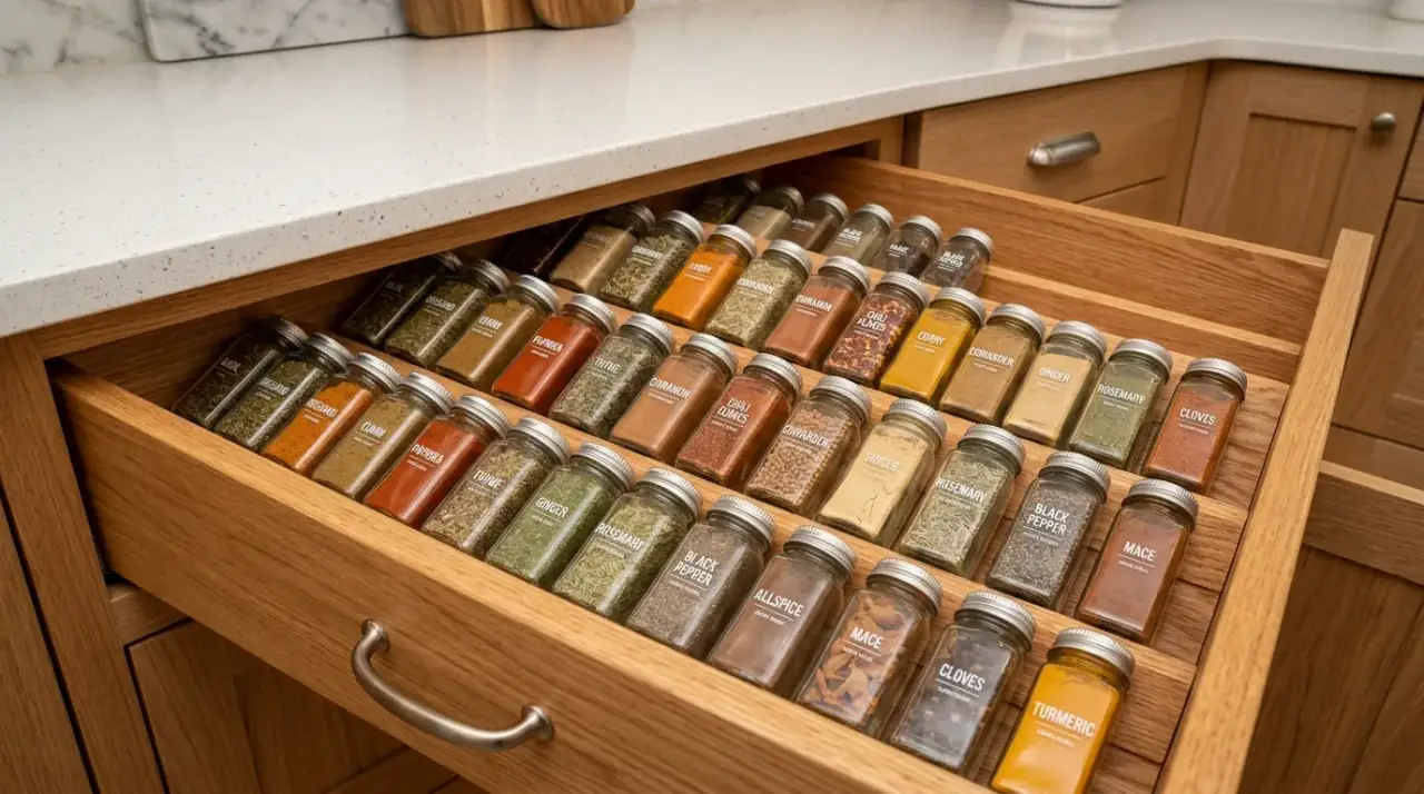 Top labeled spice drawer. Clever spice drawer organization with top labeled seasoning jars.