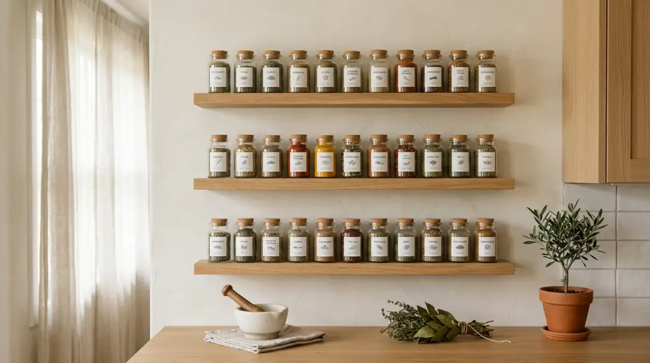 Pull out spice rack. Easy access seasonings stored in a narrow pull out spice rack.