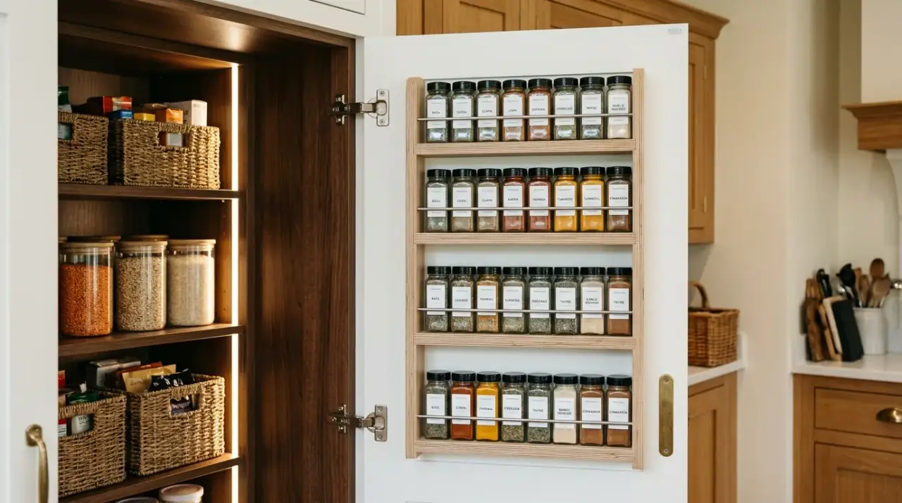 Spice refill organization. Seasoning organization separating bulk refills from daily spices.