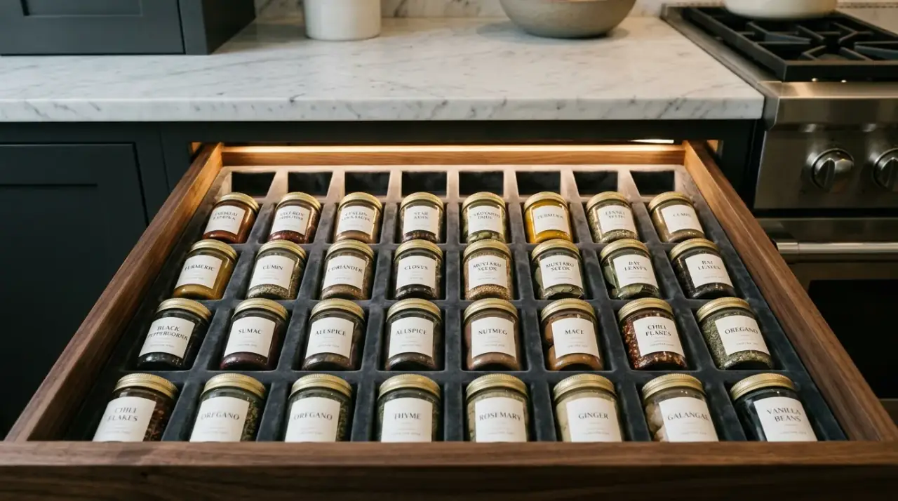 Door mounted spice rack. Easy access spice organization using cabinet door mounted racks.