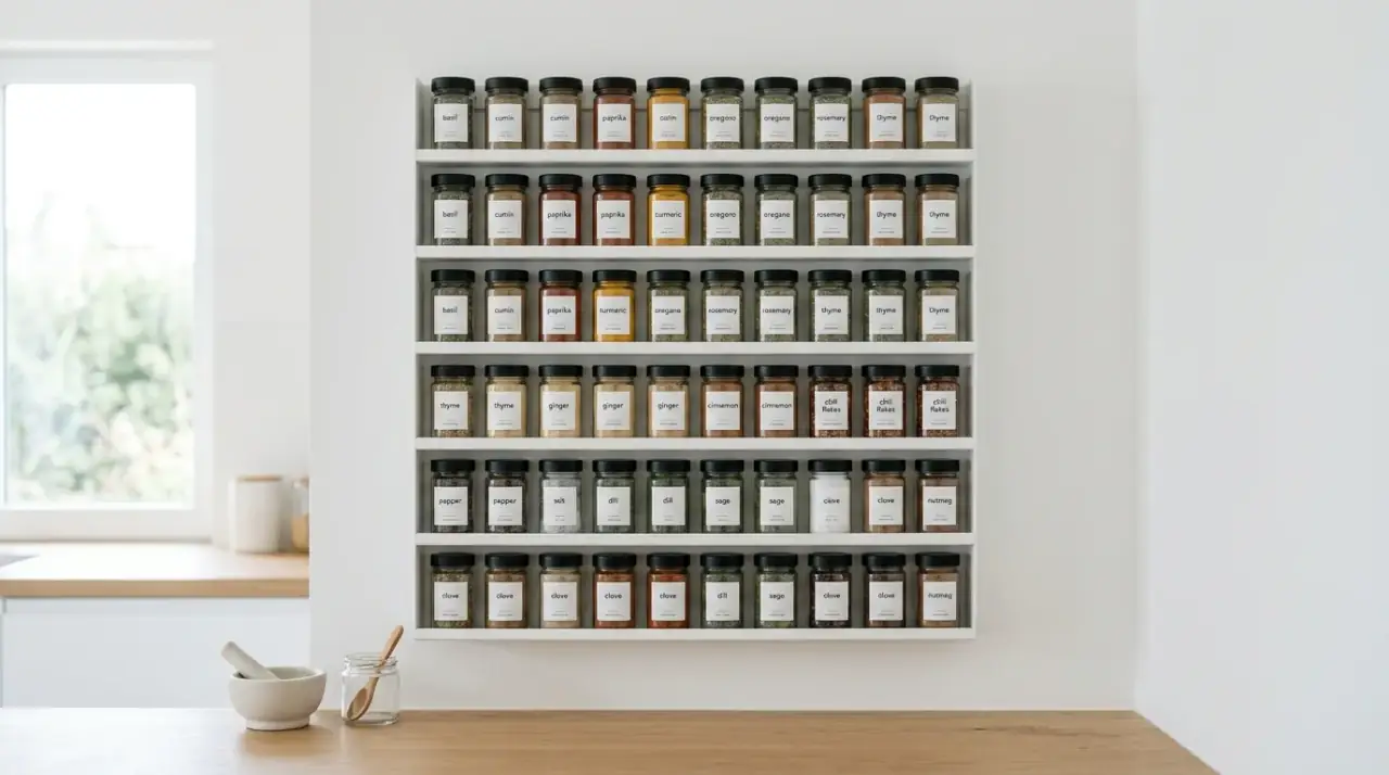 Simple large spice rack. Seasoning organization with a visually simple but large spice rack.