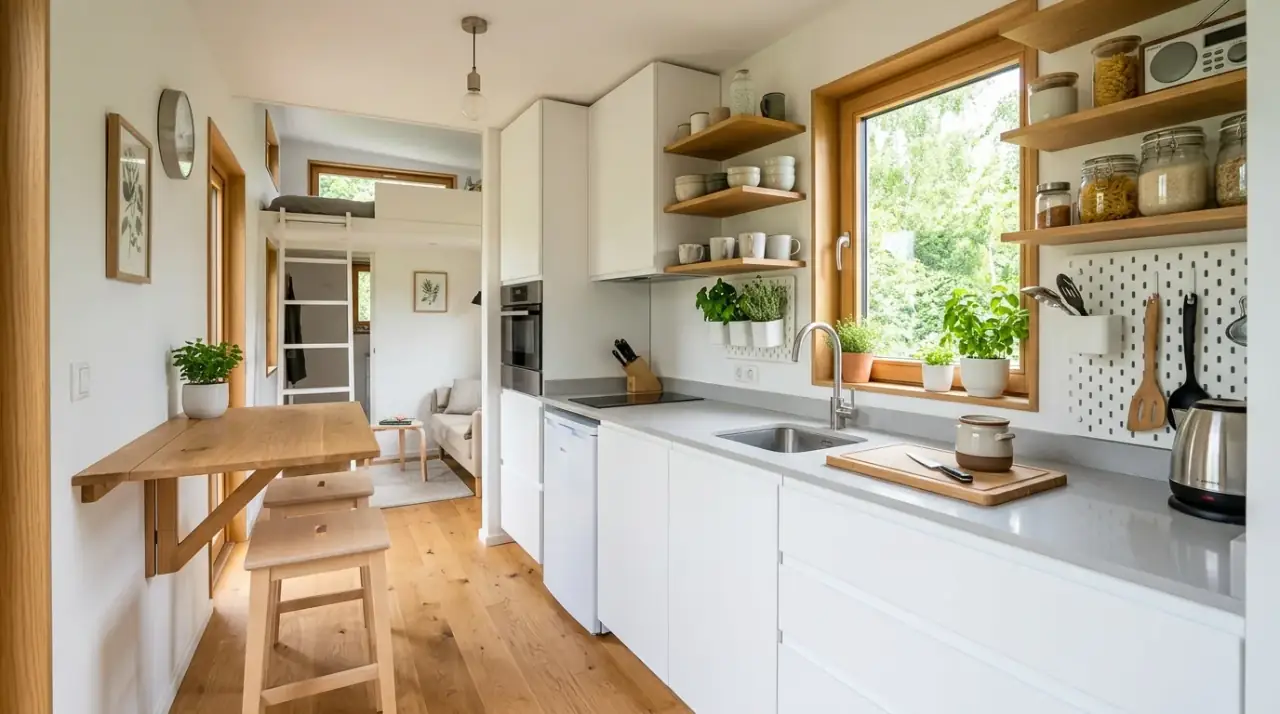 Tiny house kitchen planned for compact living with clever storage and efficient layout.