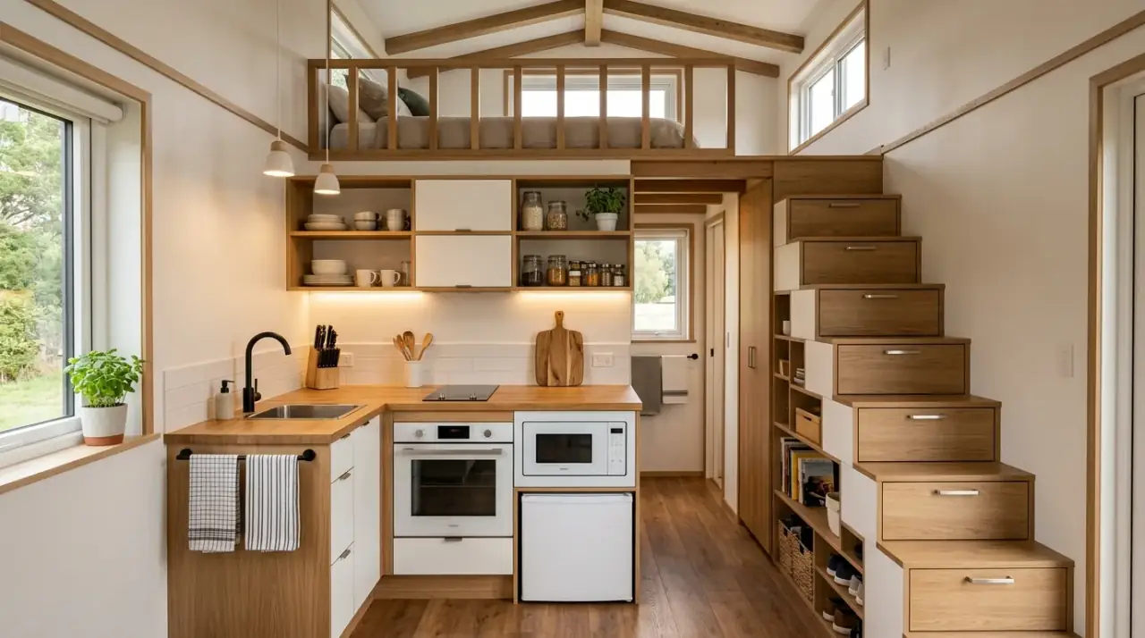 Slim galley tiny house kitchen. Efficient narrow layout improving function in a small kitchen.