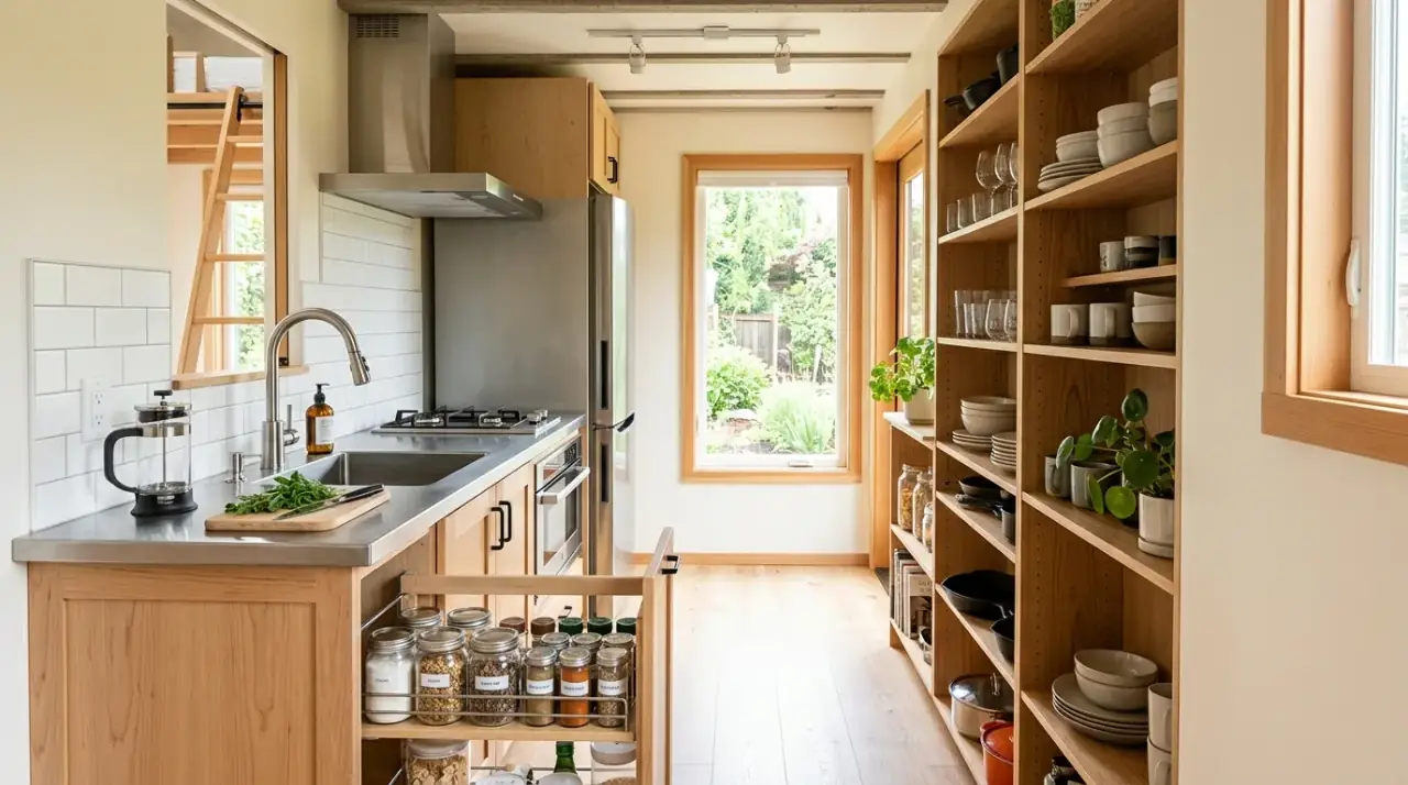 Tall storage in tiny house kitchen. Vertical organization maximizing storage inside a compact kitchen footprint.
