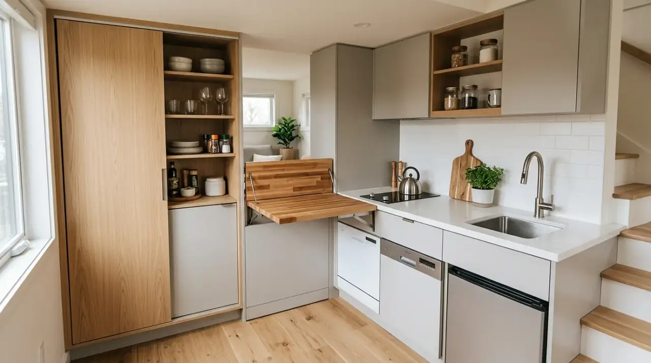 Fold-down counter in tiny house kitchen. Flexible work surface adding function to a compact living kitchen.