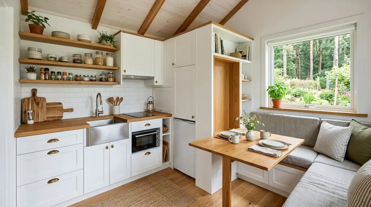 Compact appliances in tiny house kitchen. Scaled-down kitchen equipment preserving function inside a small footprint.