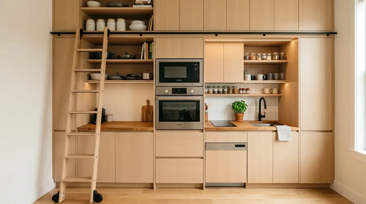Light-colored tiny house kitchen. Bright palette making a small kitchen feel larger and calmer.