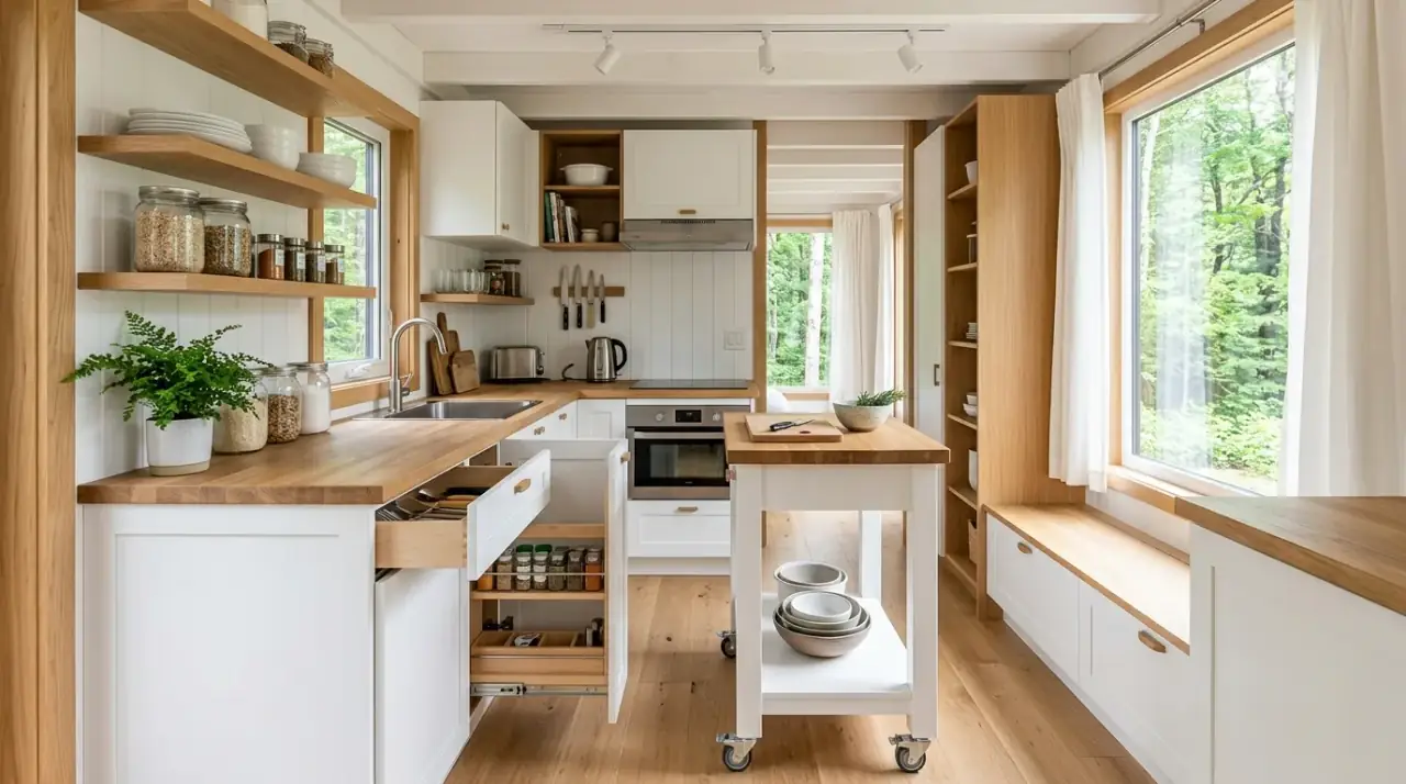Drawer storage in tiny house kitchen. Practical base storage improving access inside a compact layout.